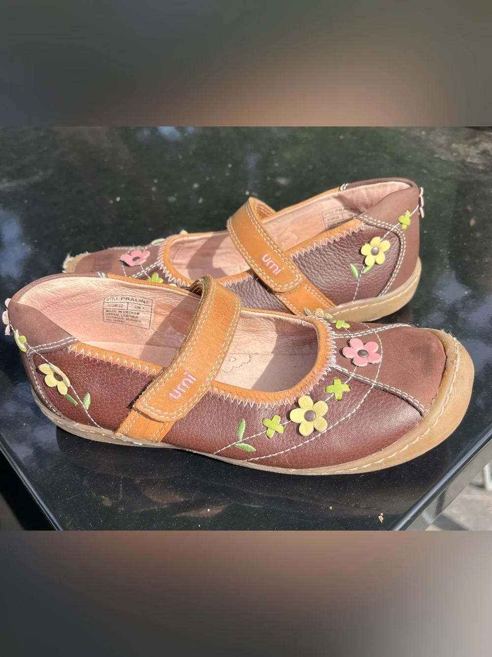 Umi Praline Brown Mary Jane Shoes with Pink& Yellow Flower Accents size 32/US 1